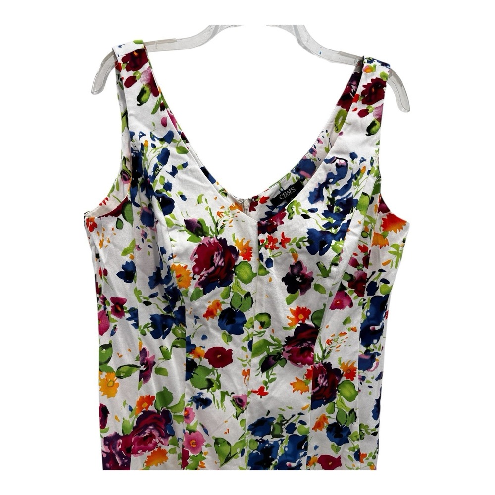CHAPS Dress‎ 16 White Floral Fit & Flare Cotton Stretch Sleeveless V-Neck Zip - Picture 5 of 11